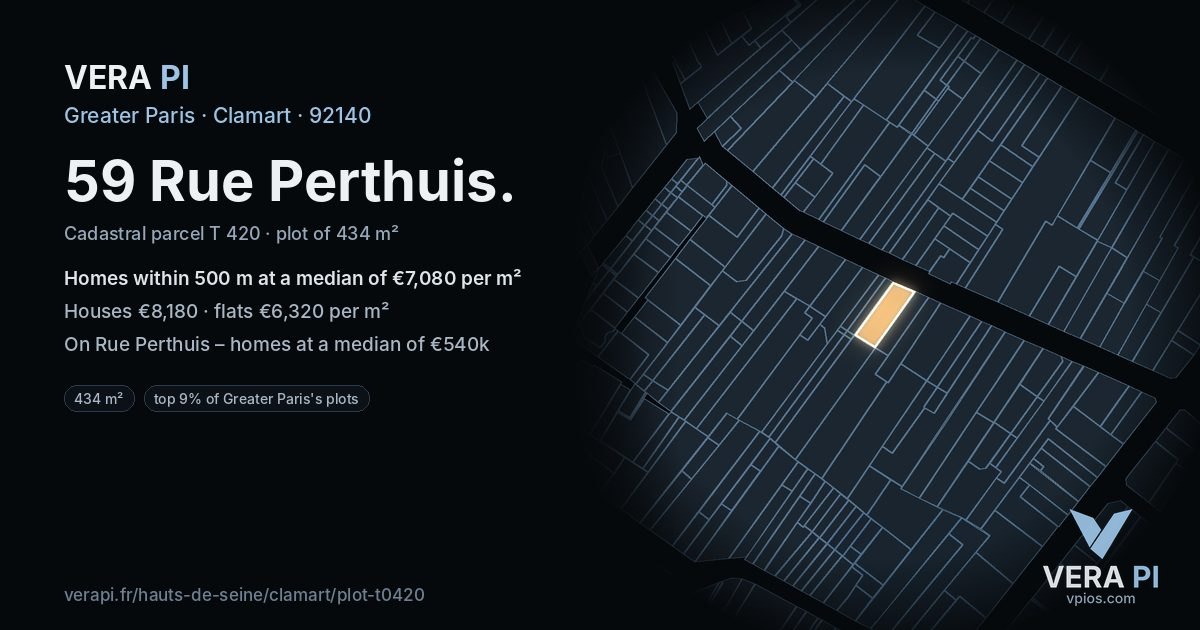 59 Rue Perthuis, Clamart at night – the plot lit, the parcels around coloured by the prices near them