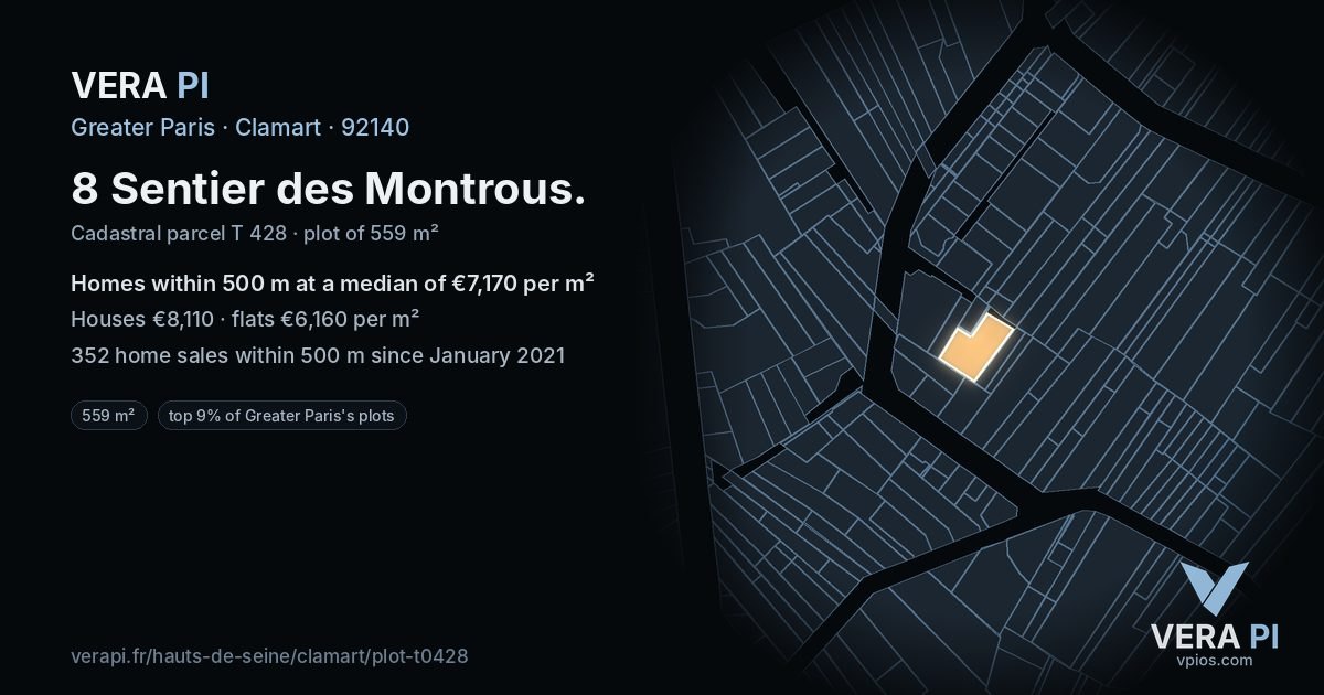 8 Sentier des Montrous, Clamart at night – the plot lit, the parcels around coloured by the prices near them