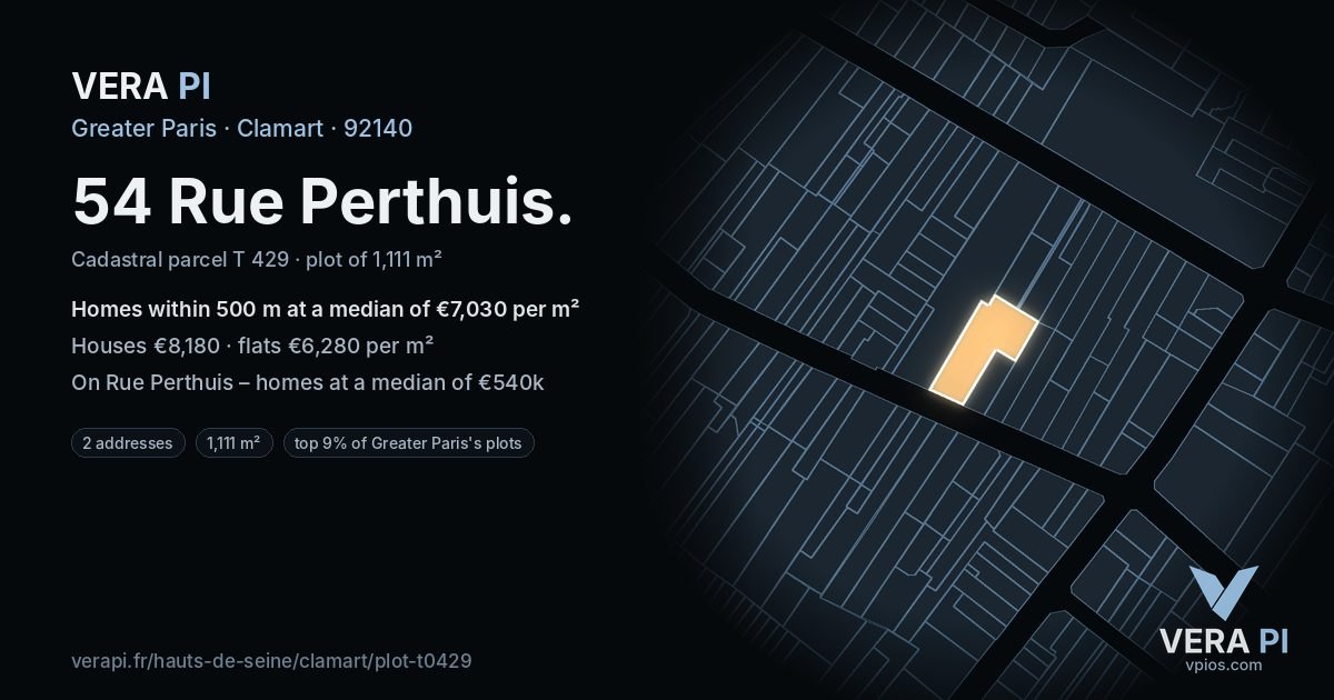 54 Rue Perthuis, Clamart at night – the plot lit, the parcels around coloured by the prices near them