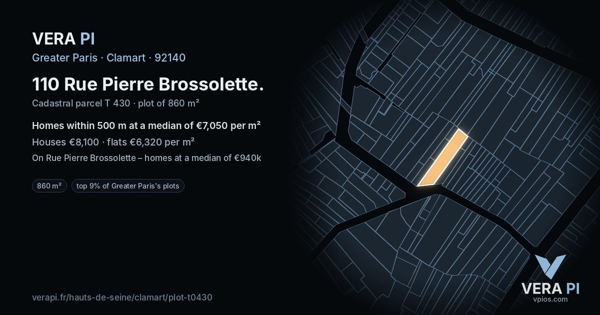 110 Rue Pierre Brossolette, Clamart at night – the plot lit, the parcels around coloured by the prices near them