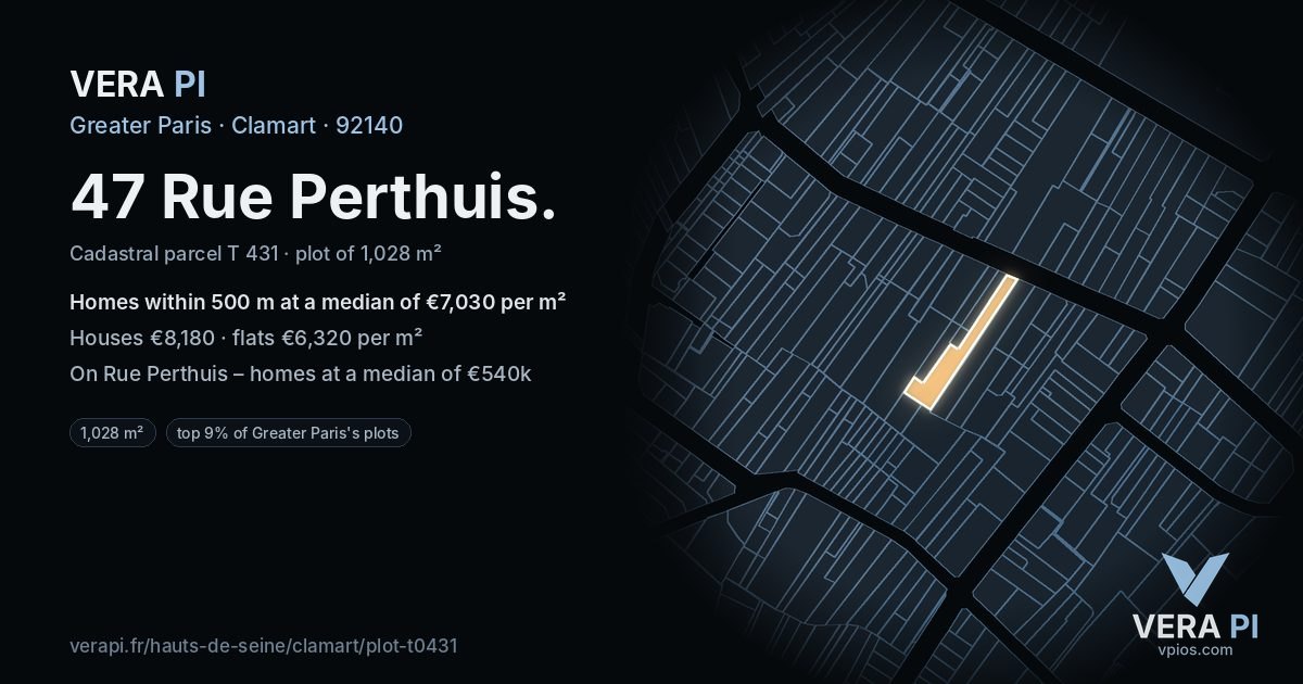 47 Rue Perthuis, Clamart at night – the plot lit, the parcels around coloured by the prices near them