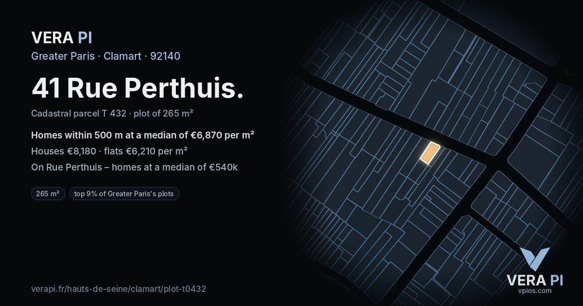 41 Rue Perthuis, Clamart at night – the plot lit, the parcels around coloured by the prices near them