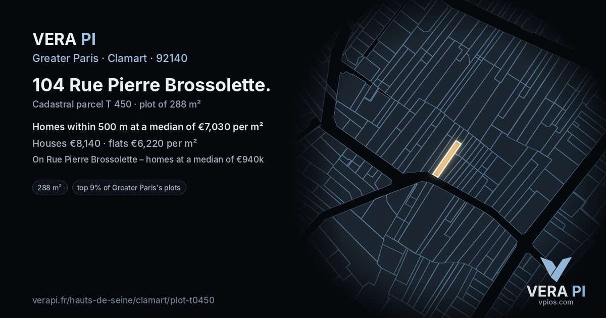 104 Rue Pierre Brossolette, Clamart at night – the plot lit, the parcels around coloured by the prices near them