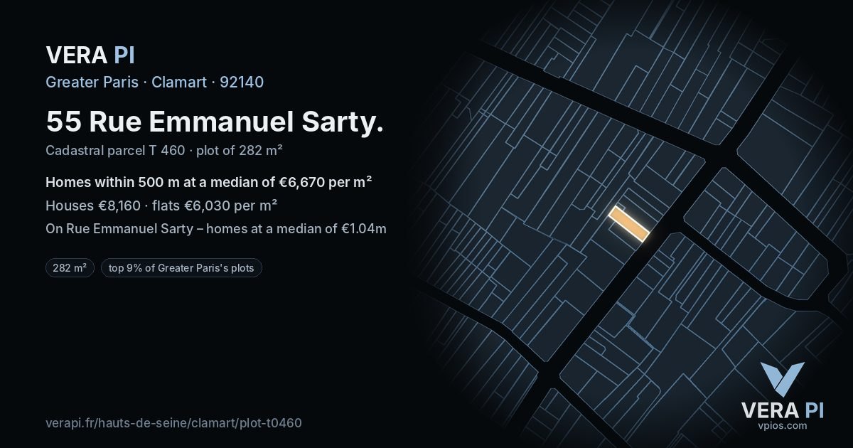 55 Rue Emmanuel Sarty, Clamart at night – the plot lit, the parcels around coloured by the prices near them