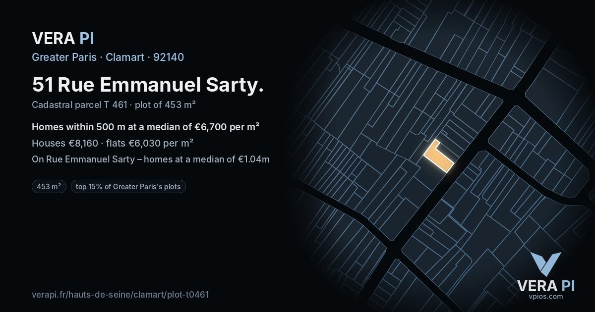 51 Rue Emmanuel Sarty, Clamart at night – the plot lit, the parcels around coloured by the prices near them
