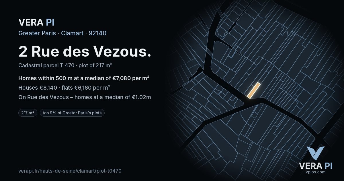 2 Rue des Vezous, Clamart at night – the plot lit, the parcels around coloured by the prices near them