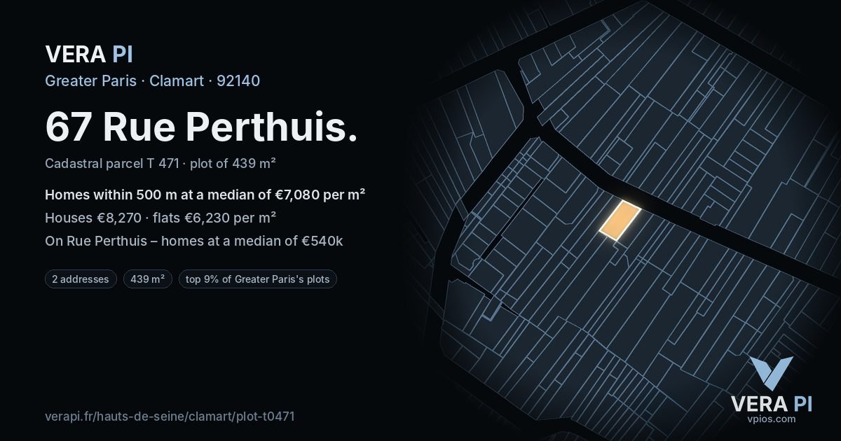 67 Rue Perthuis, Clamart at night – the plot lit, the parcels around coloured by the prices near them
