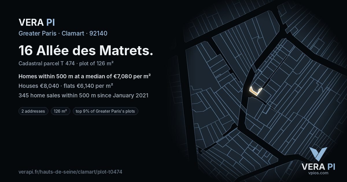 16 Allée des Matrets, Clamart at night – the plot lit, the parcels around coloured by the prices near them