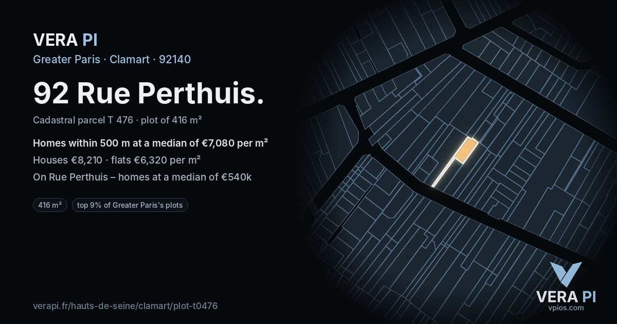 92 Rue Perthuis, Clamart at night – the plot lit, the parcels around coloured by the prices near them