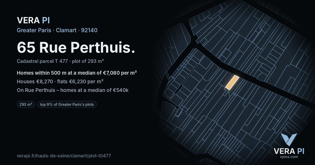 65 Rue Perthuis, Clamart at night – the plot lit, the parcels around coloured by the prices near them