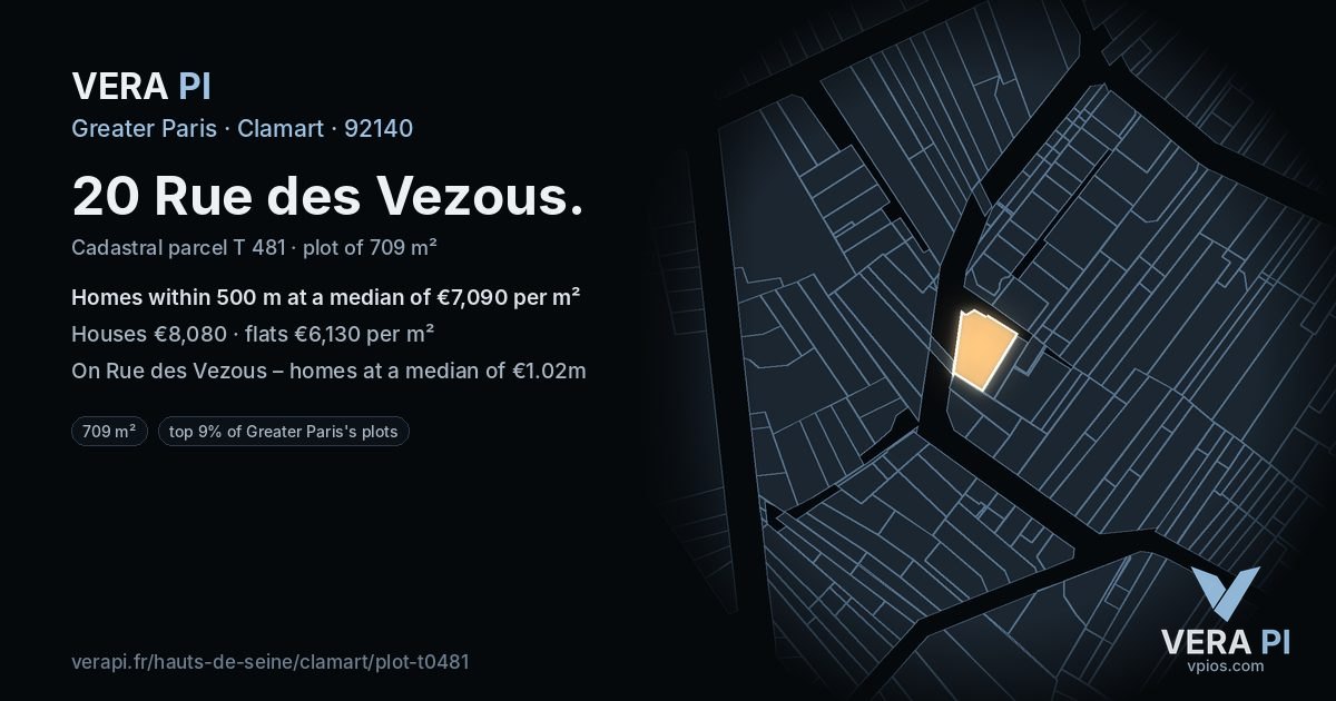 20 Rue des Vezous, Clamart at night – the plot lit, the parcels around coloured by the prices near them