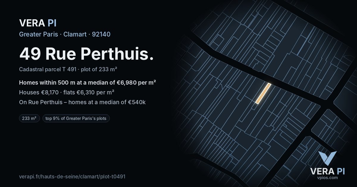 49 Rue Perthuis, Clamart at night – the plot lit, the parcels around coloured by the prices near them