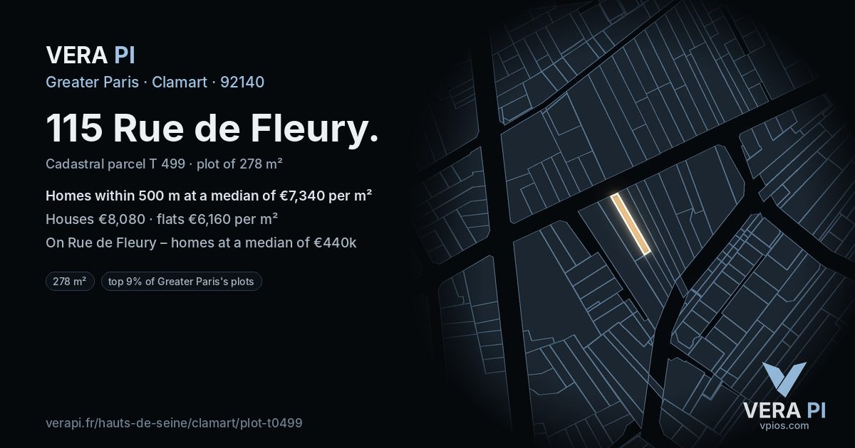 115 Rue de Fleury, Clamart at night – the plot lit, the parcels around coloured by the prices near them