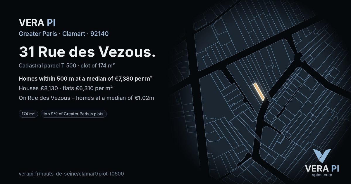 31 Rue des Vezous, Clamart at night – the plot lit, the parcels around coloured by the prices near them