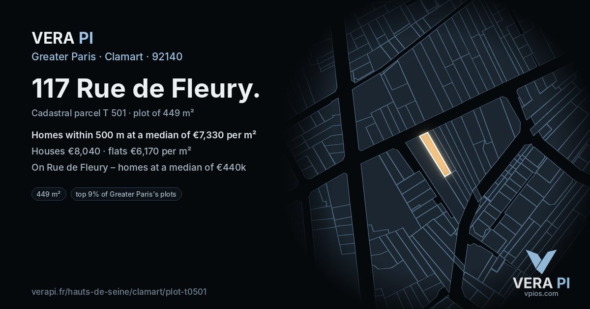 117 Rue de Fleury, Clamart at night – the plot lit, the parcels around coloured by the prices near them
