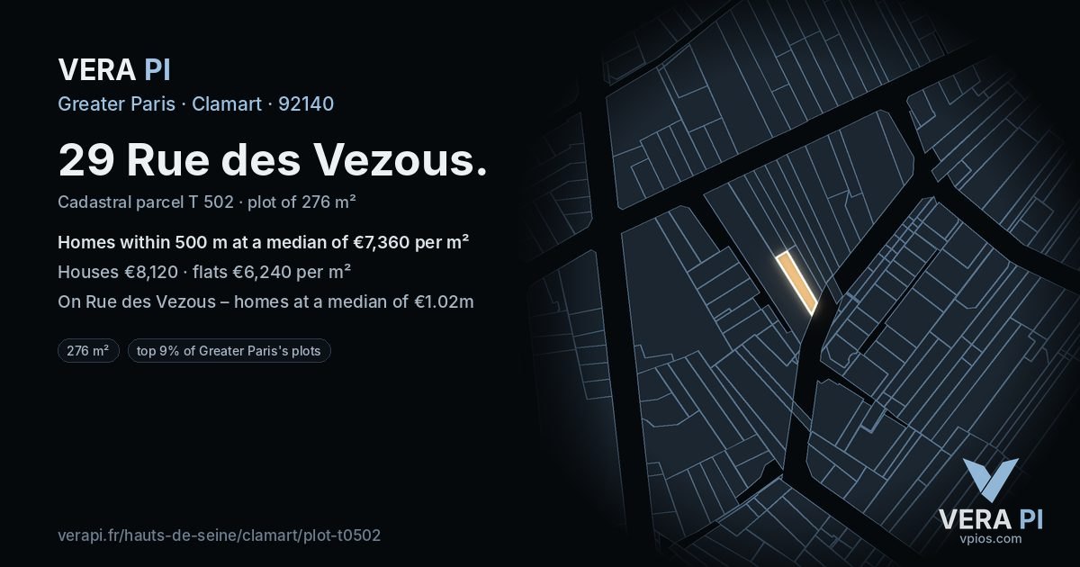 29 Rue des Vezous, Clamart at night – the plot lit, the parcels around coloured by the prices near them