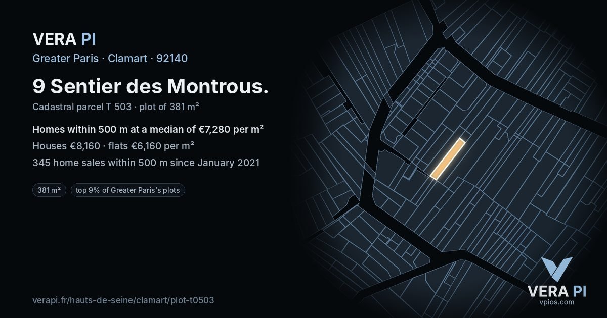 9 Sentier des Montrous, Clamart at night – the plot lit, the parcels around coloured by the prices near them