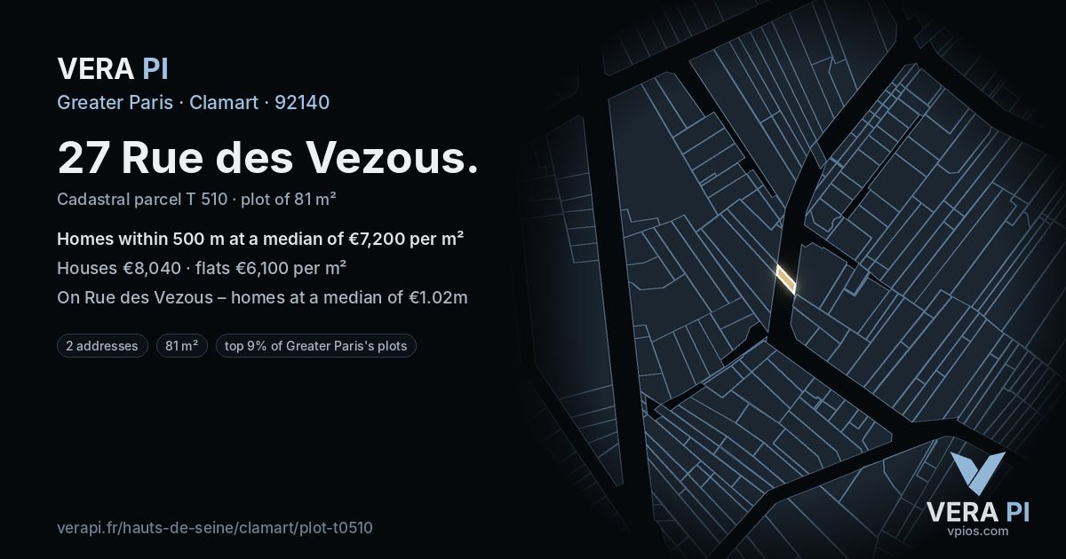 27 Rue des Vezous, Clamart at night – the plot lit, the parcels around coloured by the prices near them