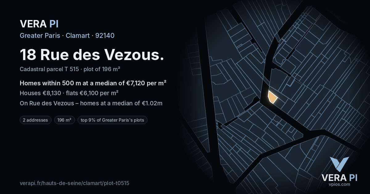 18 Rue des Vezous, Clamart at night – the plot lit, the parcels around coloured by the prices near them