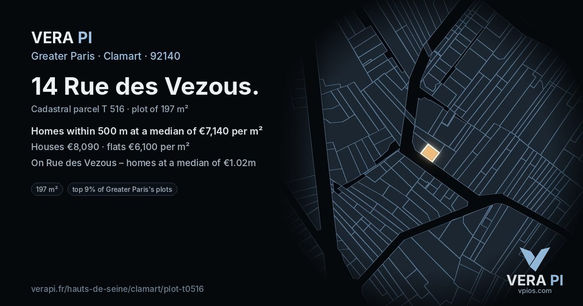 14 Rue des Vezous, Clamart at night – the plot lit, the parcels around coloured by the prices near them