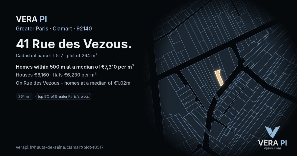 41 Rue des Vezous, Clamart at night – the plot lit, the parcels around coloured by the prices near them