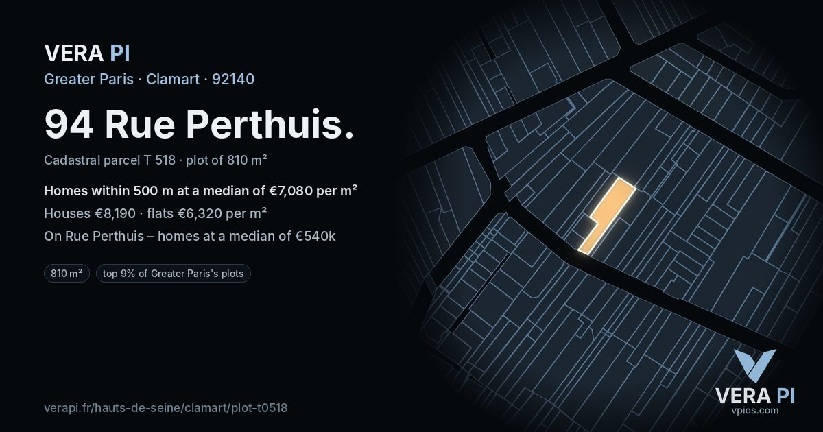 94 Rue Perthuis, Clamart at night – the plot lit, the parcels around coloured by the prices near them