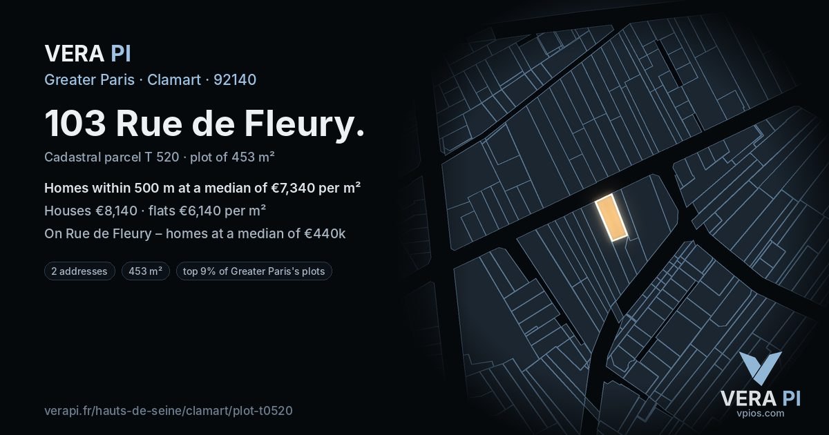 103 Rue de Fleury, Clamart at night – the plot lit, the parcels around coloured by the prices near them