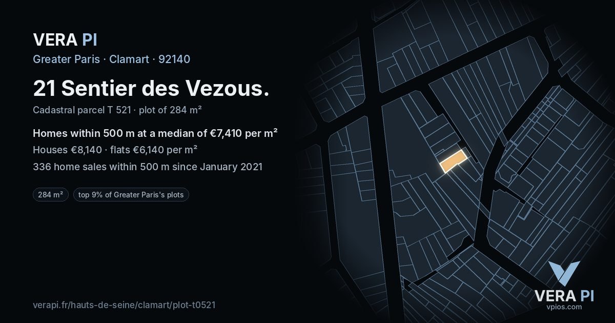 21 Sentier des Vezous, Clamart at night – the plot lit, the parcels around coloured by the prices near them