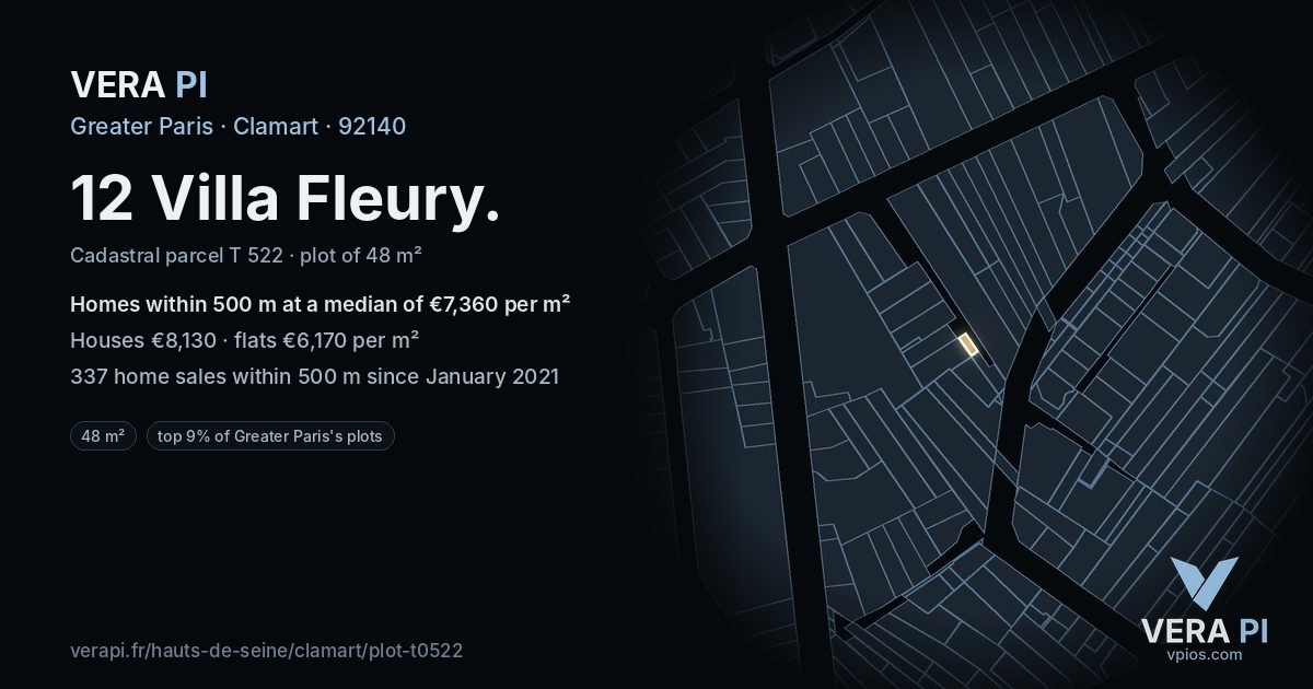 12 Villa Fleury, Clamart at night – the plot lit, the parcels around coloured by the prices near them