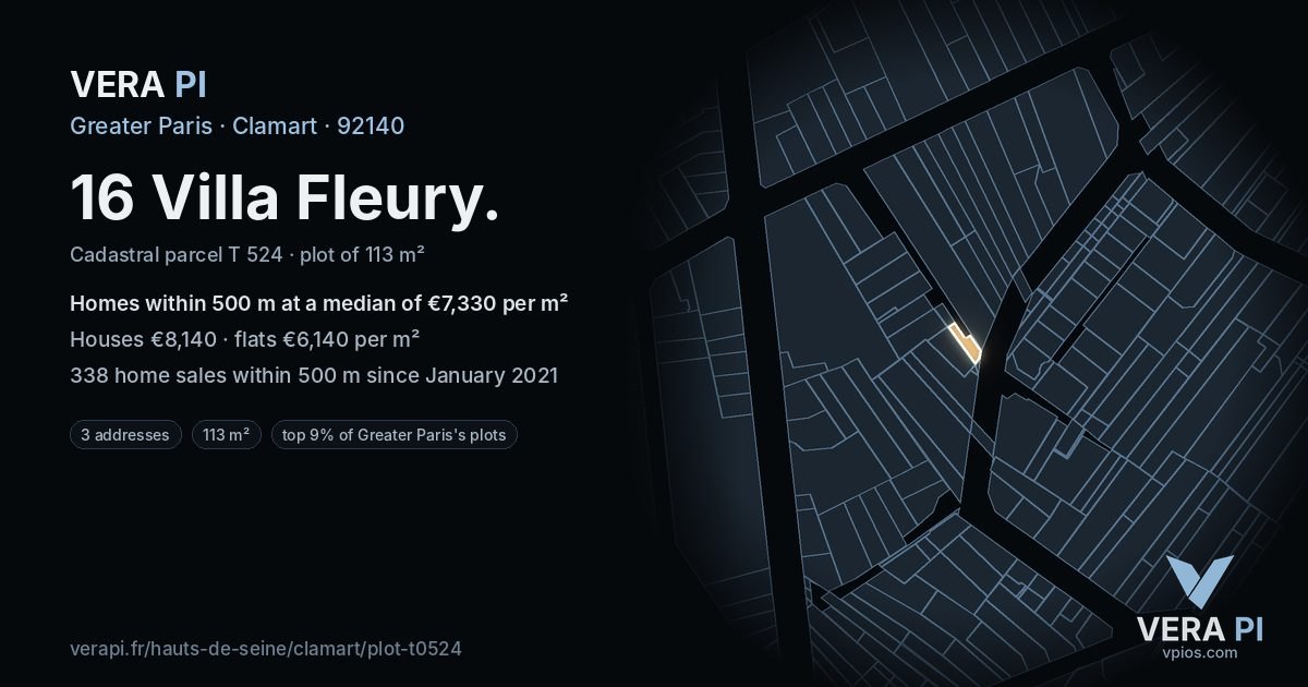 16 Villa Fleury, Clamart at night – the plot lit, the parcels around coloured by the prices near them