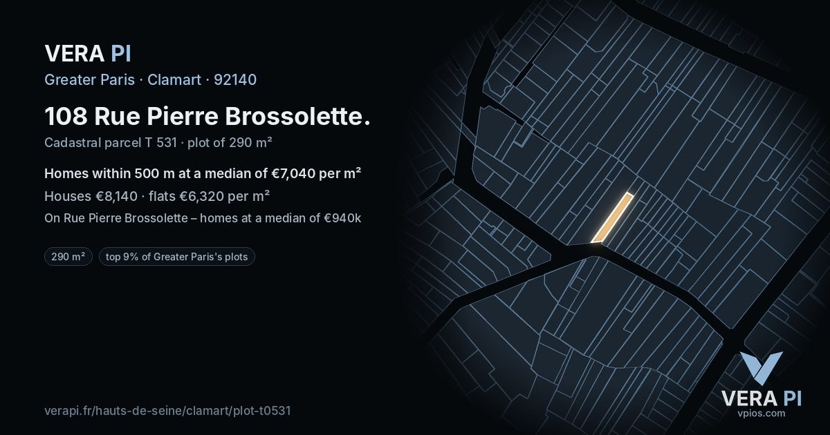 108 Rue Pierre Brossolette, Clamart at night – the plot lit, the parcels around coloured by the prices near them