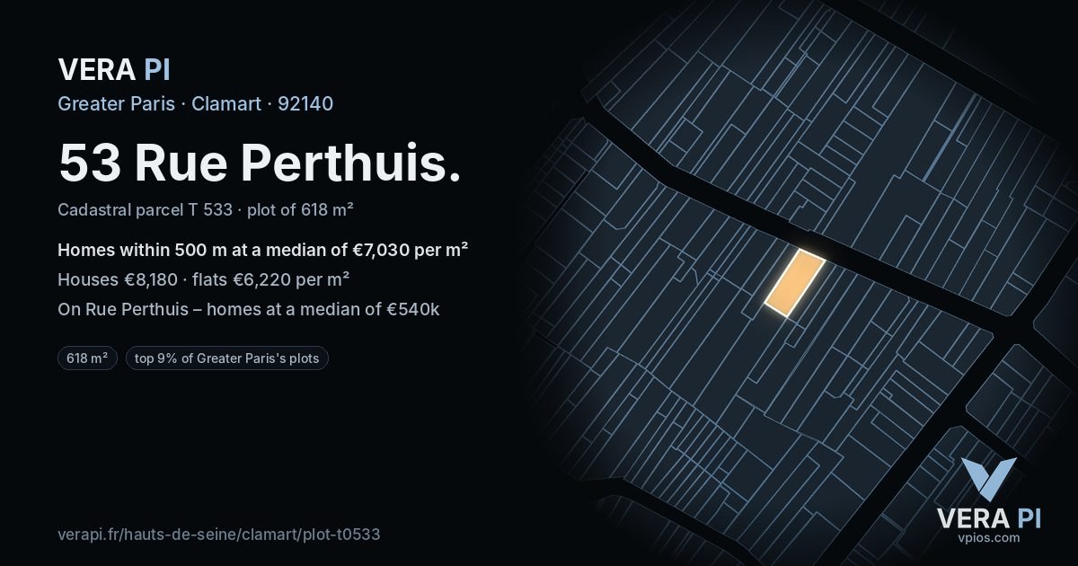 53 Rue Perthuis, Clamart at night – the plot lit, the parcels around coloured by the prices near them