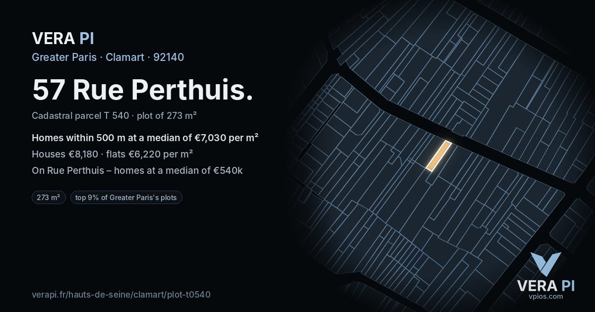 57 Rue Perthuis, Clamart at night – the plot lit, the parcels around coloured by the prices near them
