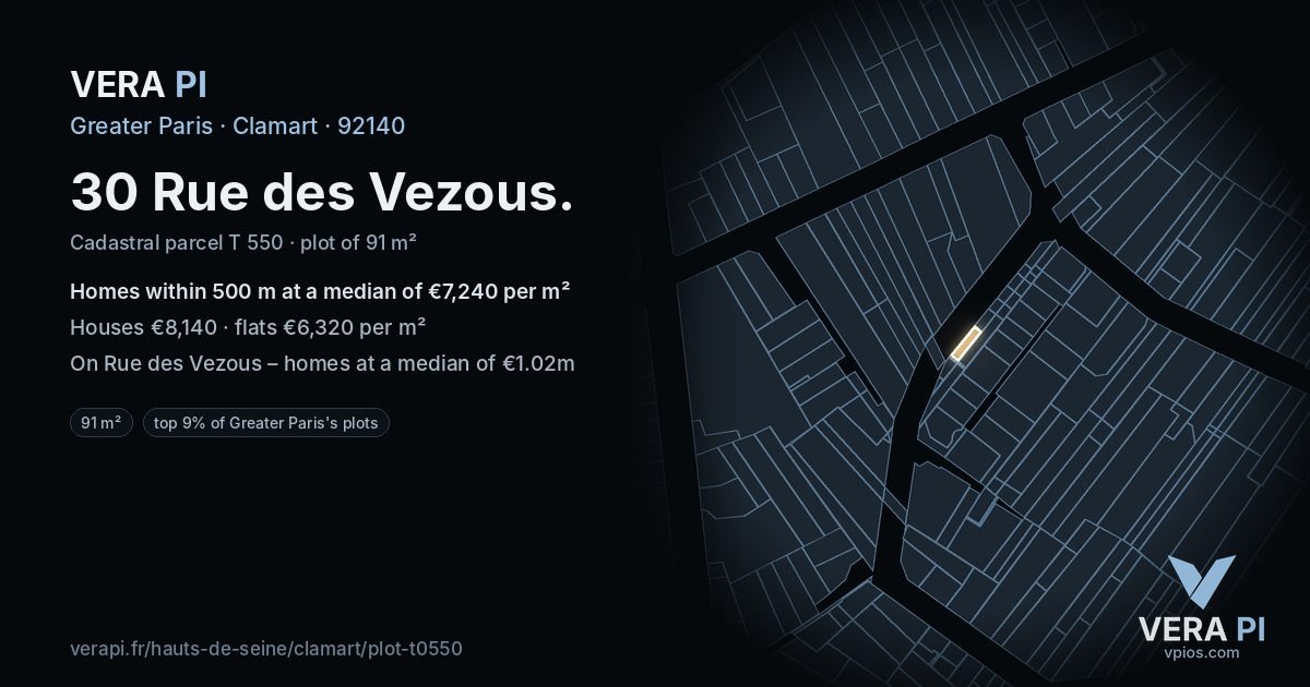 30 Rue des Vezous, Clamart at night – the plot lit, the parcels around coloured by the prices near them