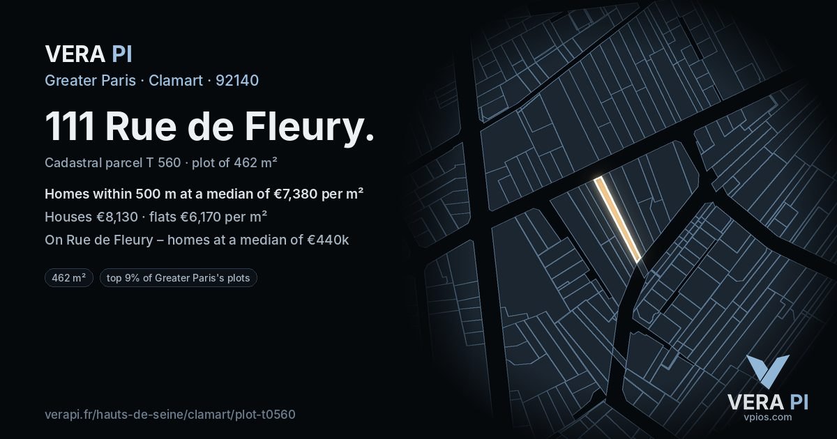 111 Rue de Fleury, Clamart at night – the plot lit, the parcels around coloured by the prices near them