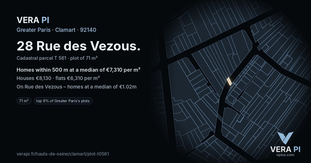 28 Rue des Vezous, Clamart at night – the plot lit, the parcels around coloured by the prices near them