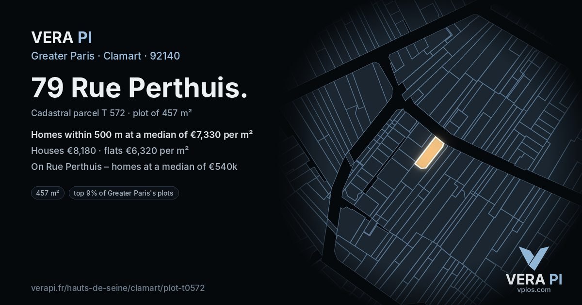 79 Rue Perthuis, Clamart at night – the plot lit, the parcels around coloured by the prices near them