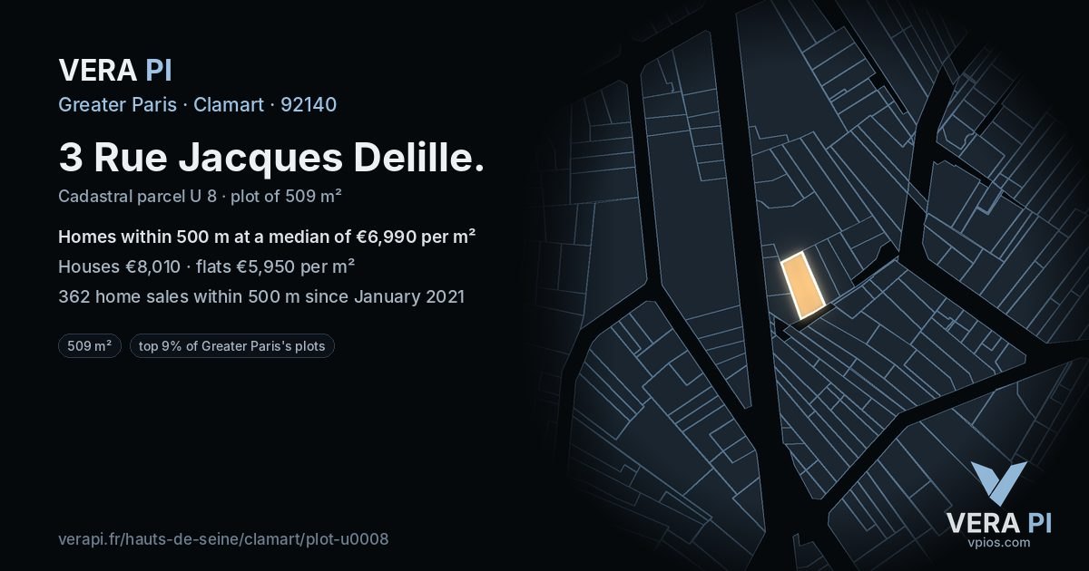 3 Rue Jacques Delille, Clamart at night – the plot lit, the parcels around coloured by the prices near them