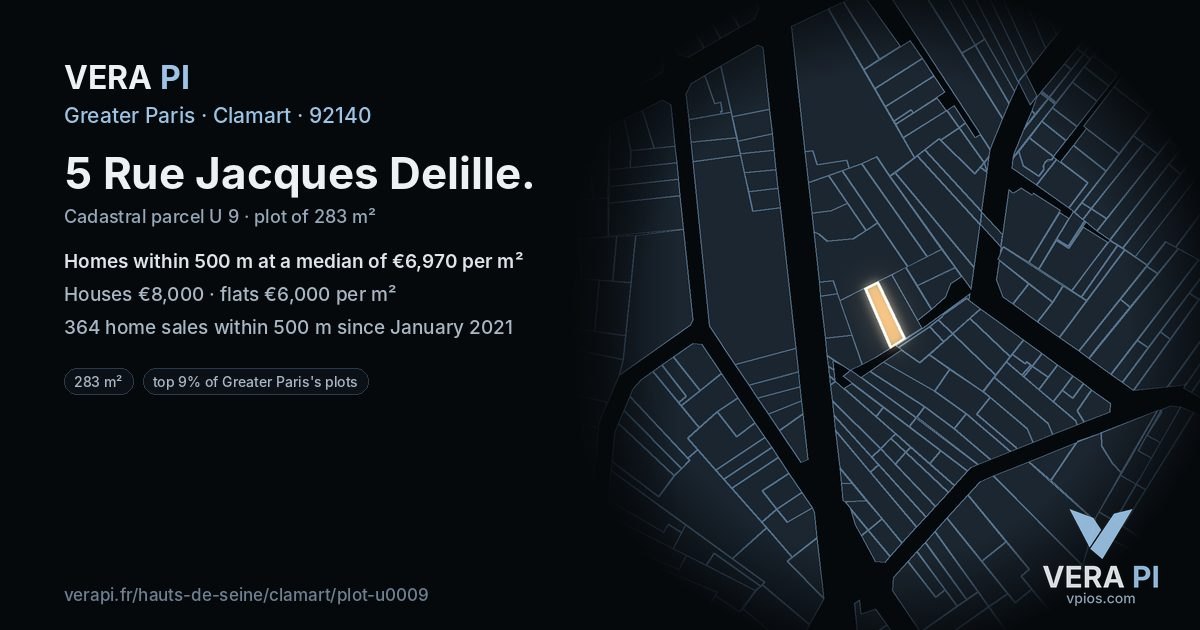 5 Rue Jacques Delille, Clamart at night – the plot lit, the parcels around coloured by the prices near them