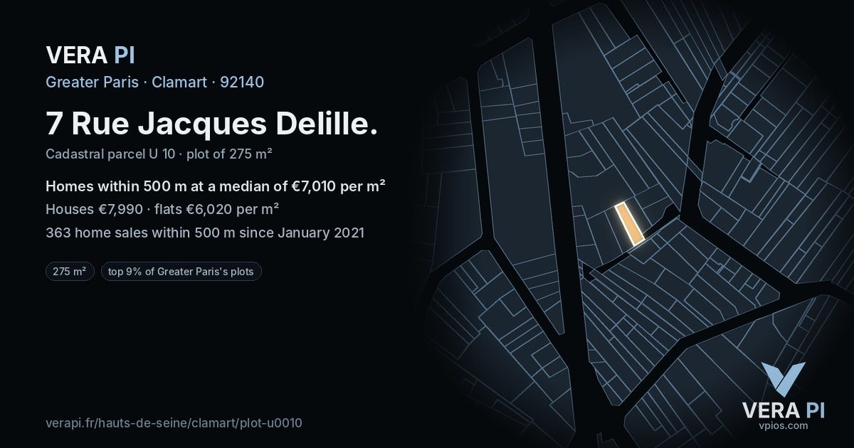 7 Rue Jacques Delille, Clamart at night – the plot lit, the parcels around coloured by the prices near them