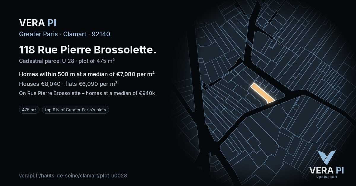 118 Rue Pierre Brossolette, Clamart at night – the plot lit, the parcels around coloured by the prices near them