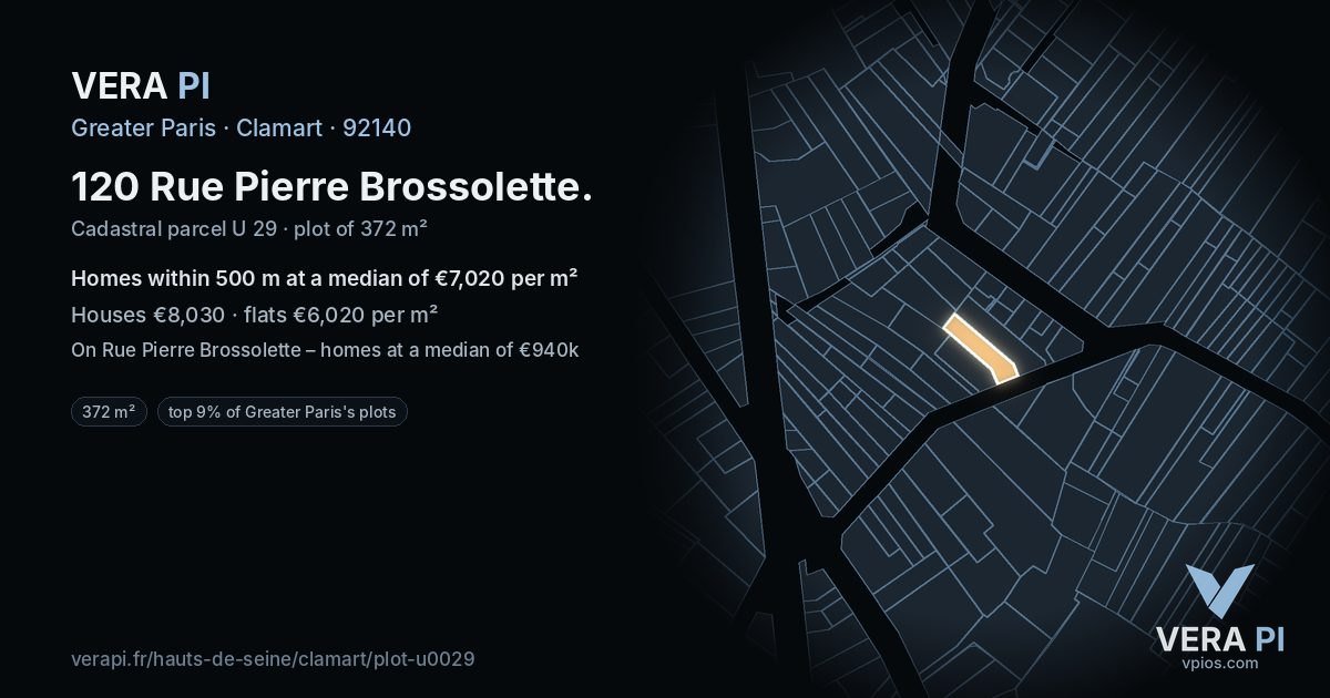 120 Rue Pierre Brossolette, Clamart at night – the plot lit, the parcels around coloured by the prices near them