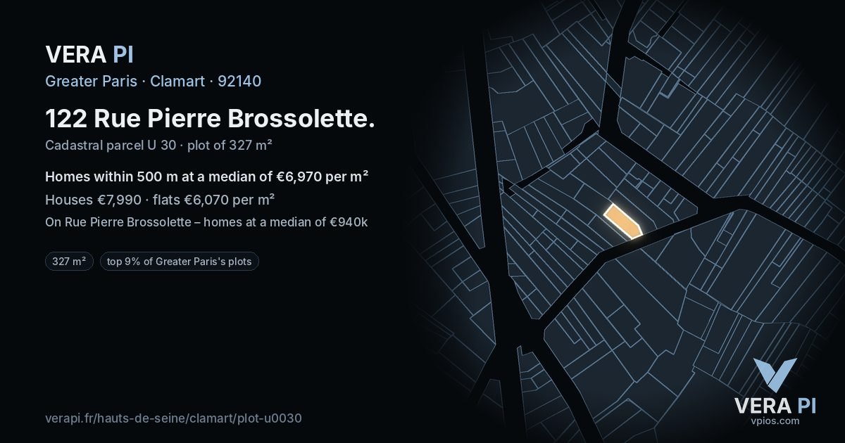 122 Rue Pierre Brossolette, Clamart at night – the plot lit, the parcels around coloured by the prices near them