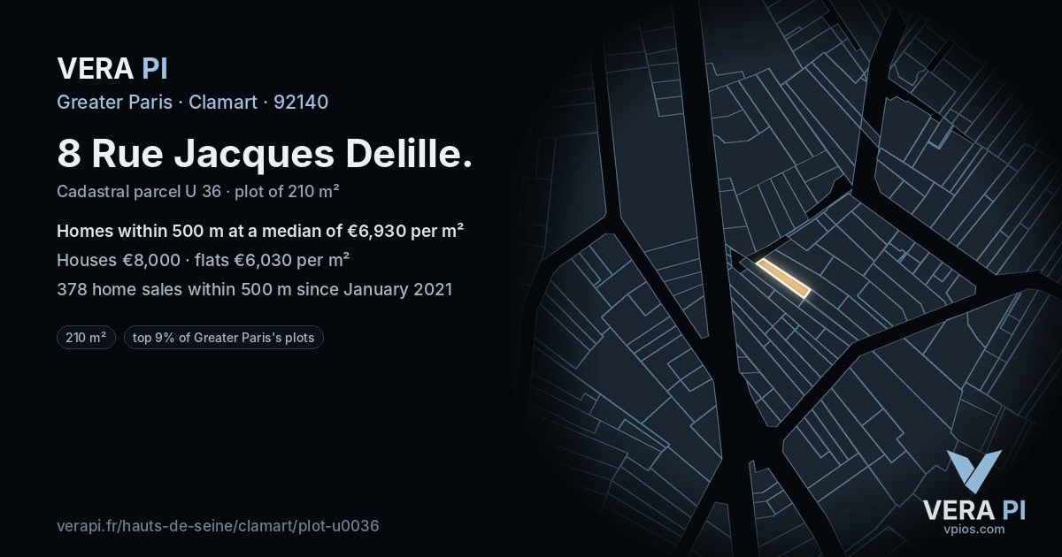 8 Rue Jacques Delille, Clamart at night – the plot lit, the parcels around coloured by the prices near them
