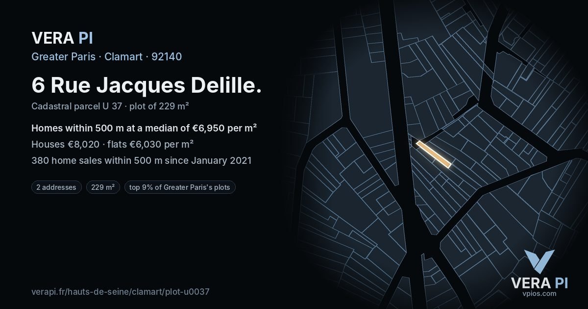6 Rue Jacques Delille, Clamart at night – the plot lit, the parcels around coloured by the prices near them