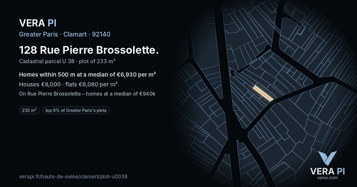 128 Rue Pierre Brossolette, Clamart at night – the plot lit, the parcels around coloured by the prices near them