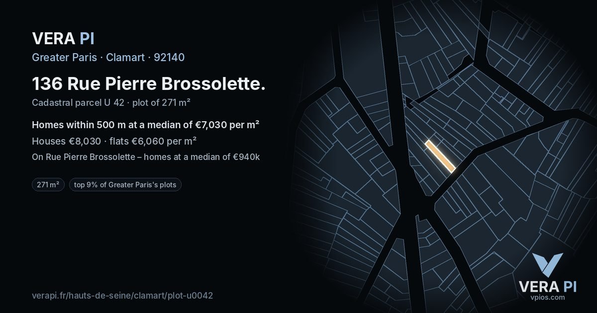 136 Rue Pierre Brossolette, Clamart at night – the plot lit, the parcels around coloured by the prices near them
