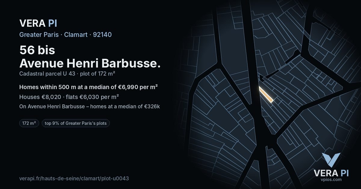 56 bis Avenue Henri Barbusse, Clamart at night – the plot lit, the parcels around coloured by the prices near them