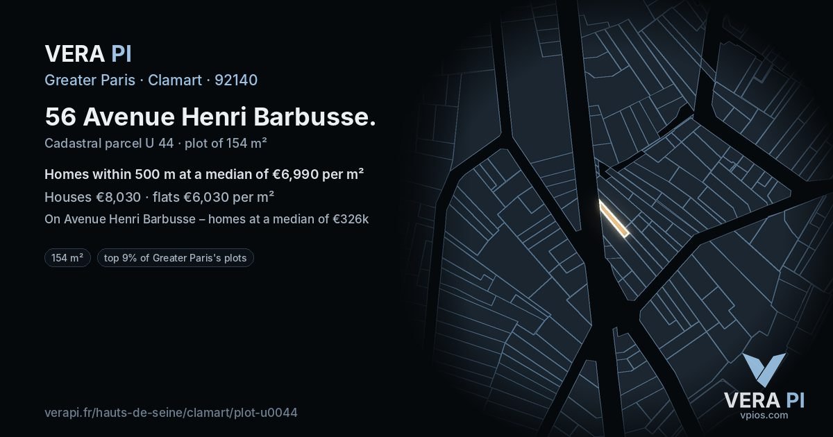 56 Avenue Henri Barbusse, Clamart at night – the plot lit, the parcels around coloured by the prices near them