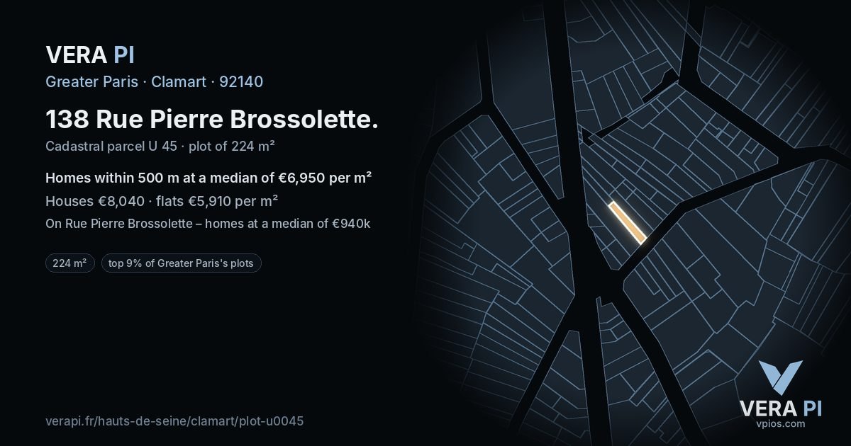 138 Rue Pierre Brossolette, Clamart at night – the plot lit, the parcels around coloured by the prices near them
